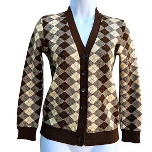 1970s Japan Knit Cardigan XS Argyle Brown Cream V-Neck Button Front